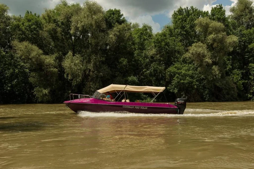 Barcă cu copertină, în mers pe apă